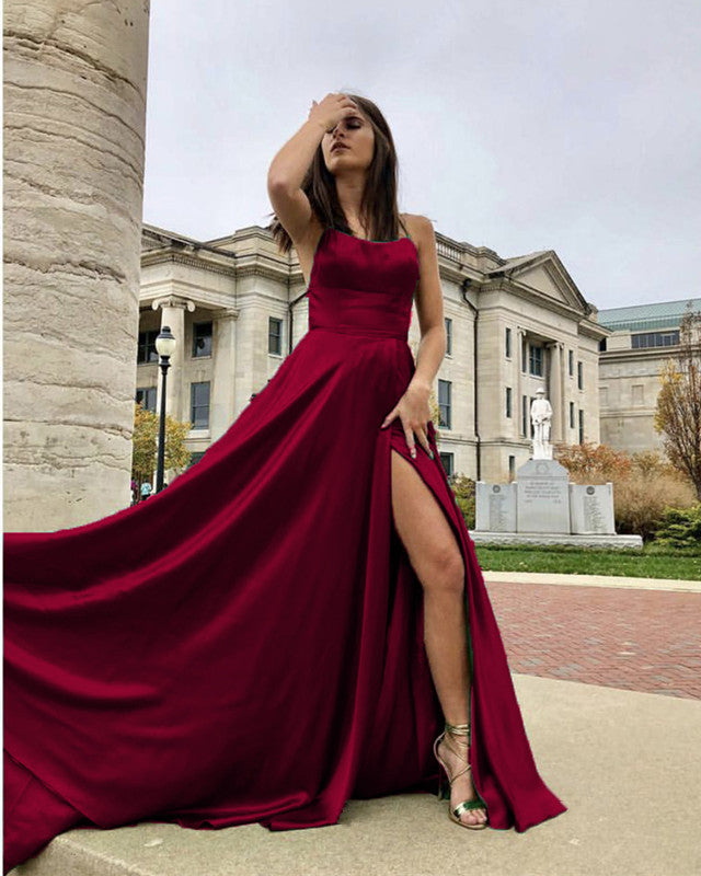 Sexy Open Back Satin Split Prom Dresses Long Evening Gowns