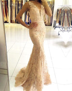 Load image into Gallery viewer, Lace V Neck Nude Back Mermaid Dresses
