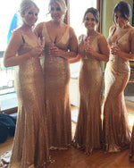 Load image into Gallery viewer, Long Rose Gold V-neck Empire Waist Mermaid Sequined Bridesmaid Dresses

