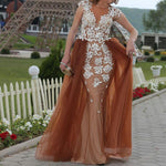 Load image into Gallery viewer, White Lace Appliques Champagne Tulle Mermaid Evening Dresses
