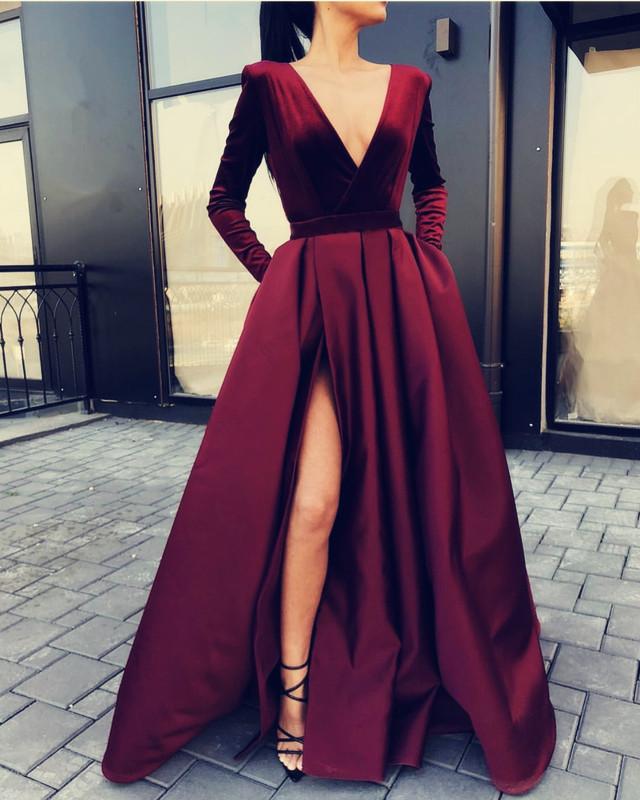 Velvet-Long-Sleeves-Evening-Gowns-V-neck-Prom-Dresses-Sexy-2019