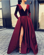 Load image into Gallery viewer, Velvet-Long-Sleeves-Evening-Gowns-V-neck-Prom-Dresses-Sexy-2019
