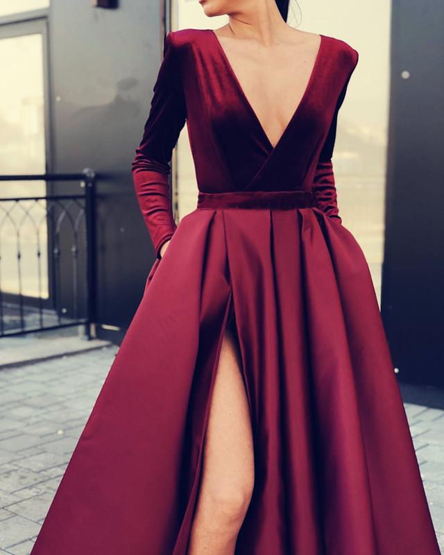 Plunge-V-neck-Prom-Gowns-2019-Long-Sleeves-Formal-Dress-Burgundy