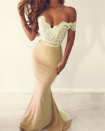 Cargar imagen en el visor de la galería, Champagne-Mermaid-Evening-Dresses-Off-The-Shoulder
