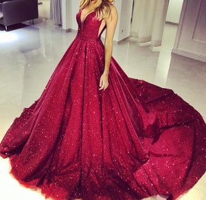 Plunge V-neck Ball Gowns Sequin Prom Dresses