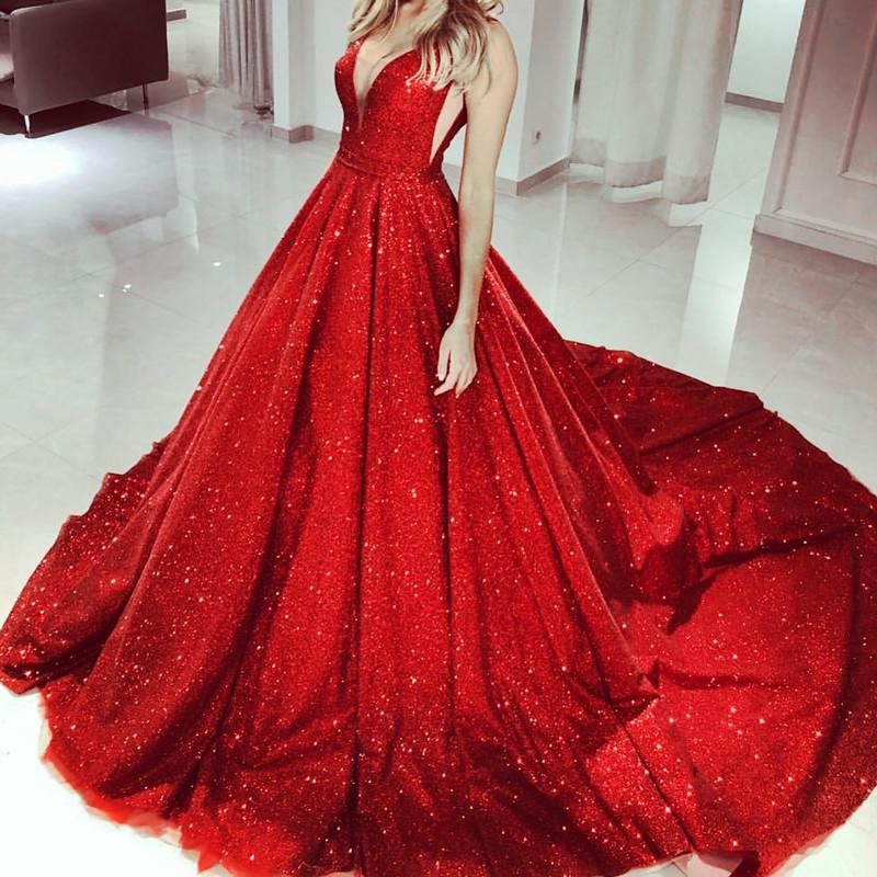 Plunge V-neck Ball Gowns Sequin Prom Dresses