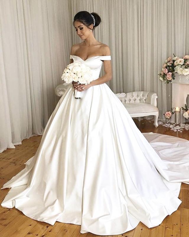 Classic Off Shoulder Satin Wedding Dresses Ball Gowns