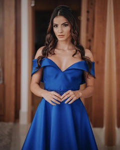 Long Satin Off Shoulder Prom Evening Dresses Beaded Sashes