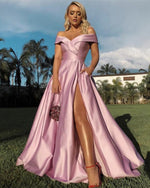 Cargar imagen en el visor de la galería, Sexy Off Shoulder Long Pink Prom Dresses Leg Split
