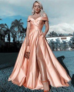 Sexy Off Shoulder Long Pink Prom Dresses Leg Split