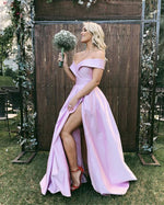 Cargar imagen en el visor de la galería, Sexy Off Shoulder Long Pink Prom Dresses Leg Split
