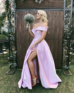 Load image into Gallery viewer, Sexy Off Shoulder Long Pink Prom Dresses Leg Split
