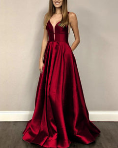 Sexy Long Satin V-neck Corset Prom Evening Dresses