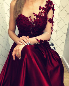 Lace Long Sleeves Satin Prom Evening Dresses One Shoulder