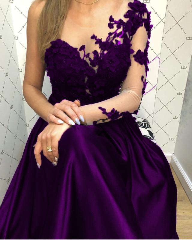 Lace Long Sleeves Satin Prom Evening Dresses One Shoulder