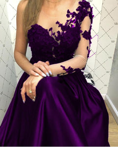 Lace Long Sleeves Satin Prom Evening Dresses One Shoulder
