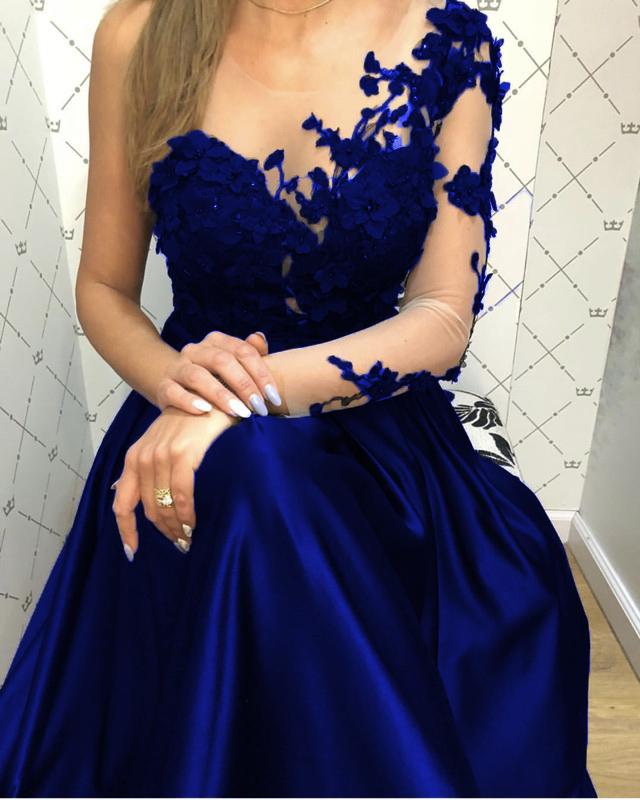 Lace Long Sleeves Satin Prom Evening Dresses One Shoulder