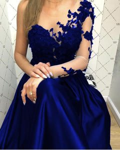 Lace Long Sleeves Satin Prom Evening Dresses One Shoulder