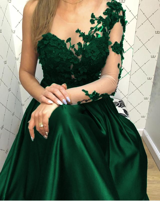 Lace Long Sleeves Satin Prom Evening Dresses One Shoulder