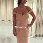 Load image into Gallery viewer, Off Shoulder Pink Mermaid Prom Evening Dresses Lace Appliques
