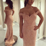 Load image into Gallery viewer, Off Shoulder Pink Mermaid Prom Evening Dresses Lace Appliques

