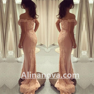 Off Shoulder Pink Mermaid Prom Evening Dresses Lace Appliques