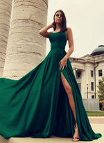 Afbeelding in Gallery-weergave laden, Sexy Open Back Satin Split Prom Dresses Long Evening Gowns
