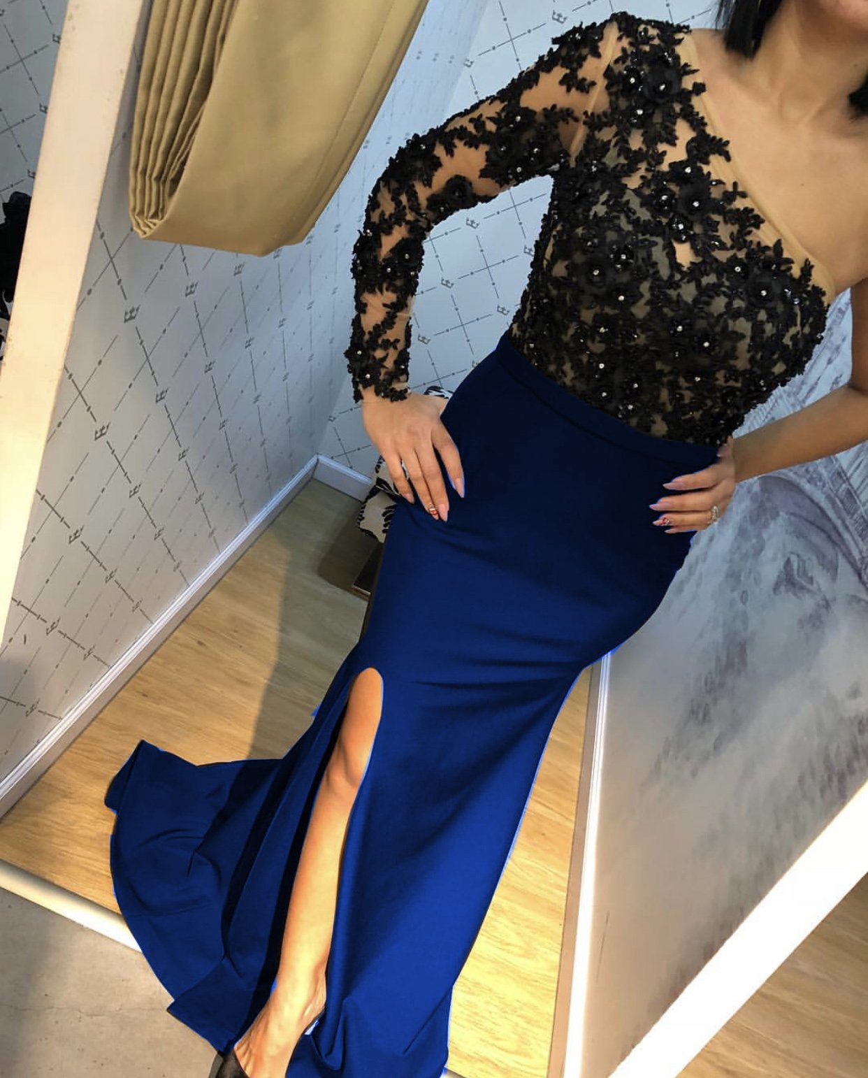 Lace Embroidery One Shoulder Evening Dresses Split Mermaid Gowns