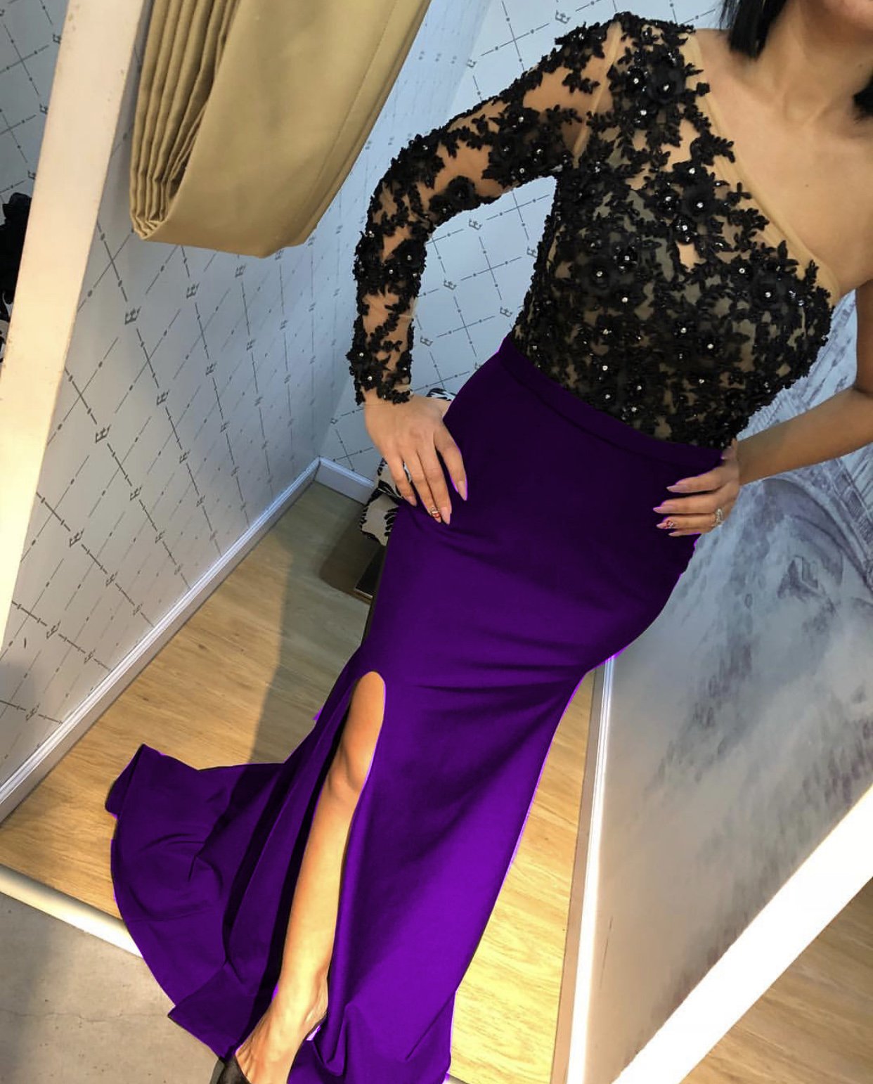 Lace Embroidery One Shoulder Evening Dresses Split Mermaid Gowns