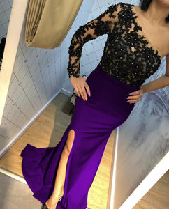 Lace Embroidery One Shoulder Evening Dresses Split Mermaid Gowns