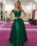 Cargar imagen en el visor de la galería, Lace Beaded Corset Prom Satin Dresses Off Shoulder Formal Gowns

