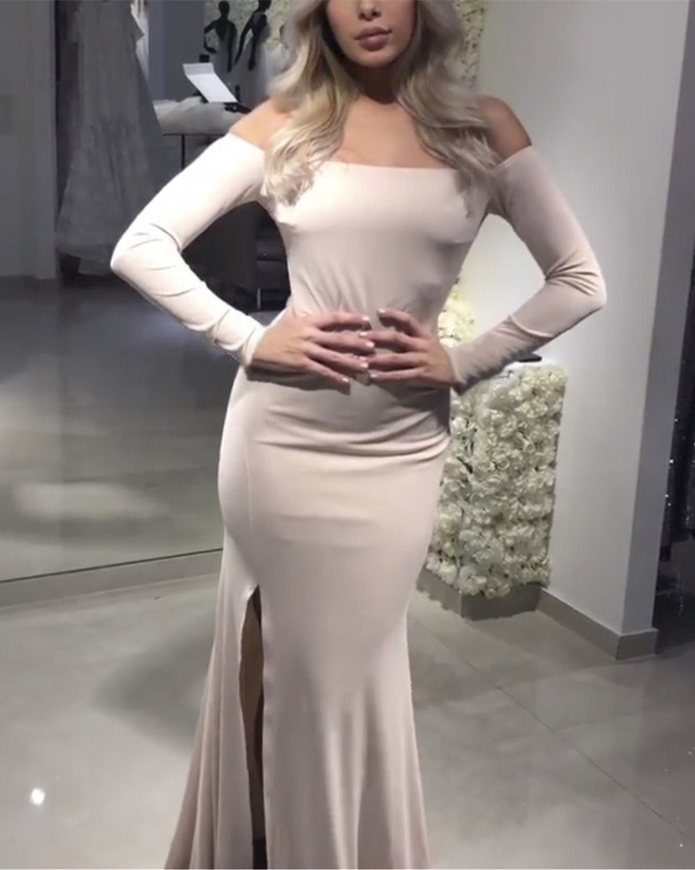 Sexy Leg Slit  Jersey Off Shoulder Long Sleeves Mermaid Evening Dresses