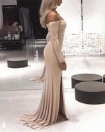 Load image into Gallery viewer, Sexy Leg Slit  Jersey Off Shoulder Long Sleeves Mermaid Evening Dresses
