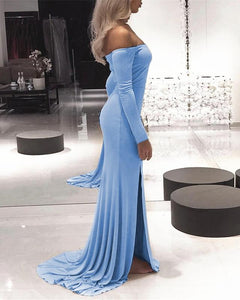 Sexy Leg Slit  Jersey Off Shoulder Long Sleeves Mermaid Evening Dresses