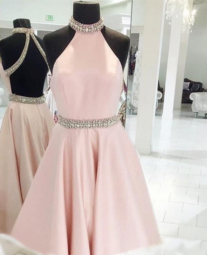 Crystal Beaded High Neck Short Pink Satin Homecoming Dresses 2022