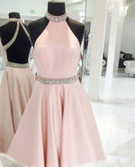 Cargar imagen en el visor de la galería, Crystal Beaded High Neck Short Pink Satin Homecoming Dresses 2022
