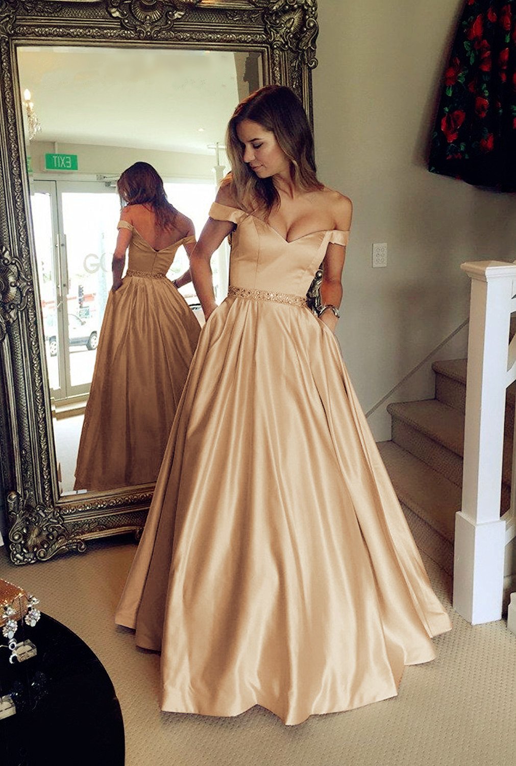 V Neck Off The Shoulder Satin Prom Dresses 2019 Evening Gowns Beaded Sashes