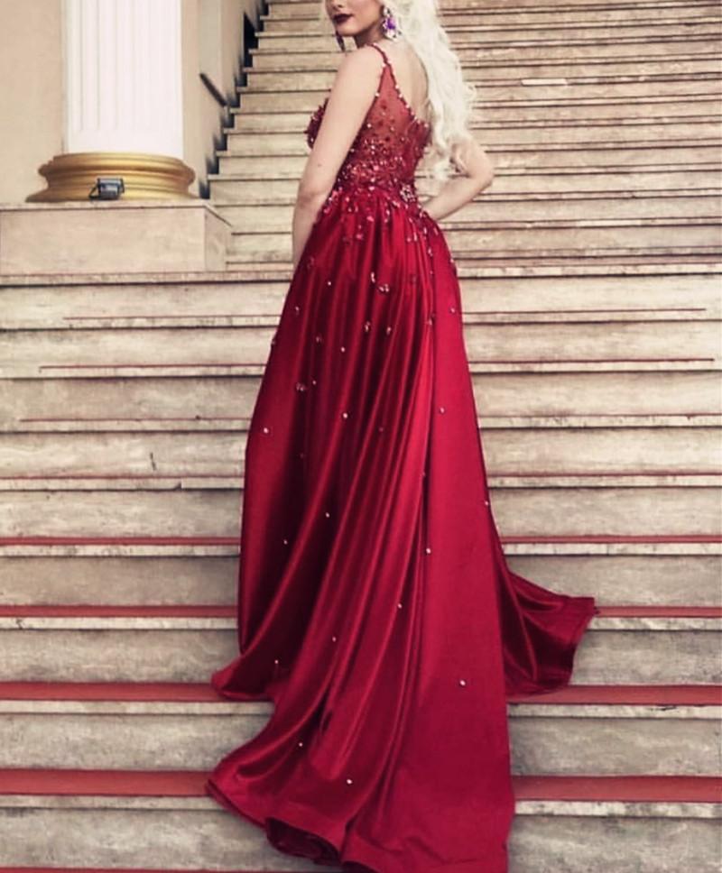 Charming Crystal Beaded Lace V Neck Mermaid Evening Dress Removable Skirt