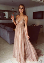 Load image into Gallery viewer, Long Sequins Evening Dresses Plunge V-neck Prom Gowns
