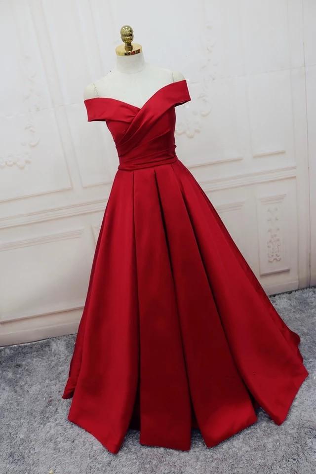 Burgundy Satin Off The Shoulder Ball Gowns Evening Dresses 2018