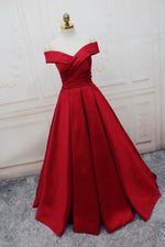 Load image into Gallery viewer, Burgundy Satin Off The Shoulder Ball Gowns Evening Dresses 2018
