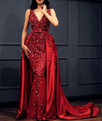 Load image into Gallery viewer, Charming Crystal Beaded Lace V Neck Mermaid Evening Dress Removable Skirt
