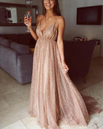 Load image into Gallery viewer, Long Sequins Evening Dresses Plunge V-neck Prom Gowns
