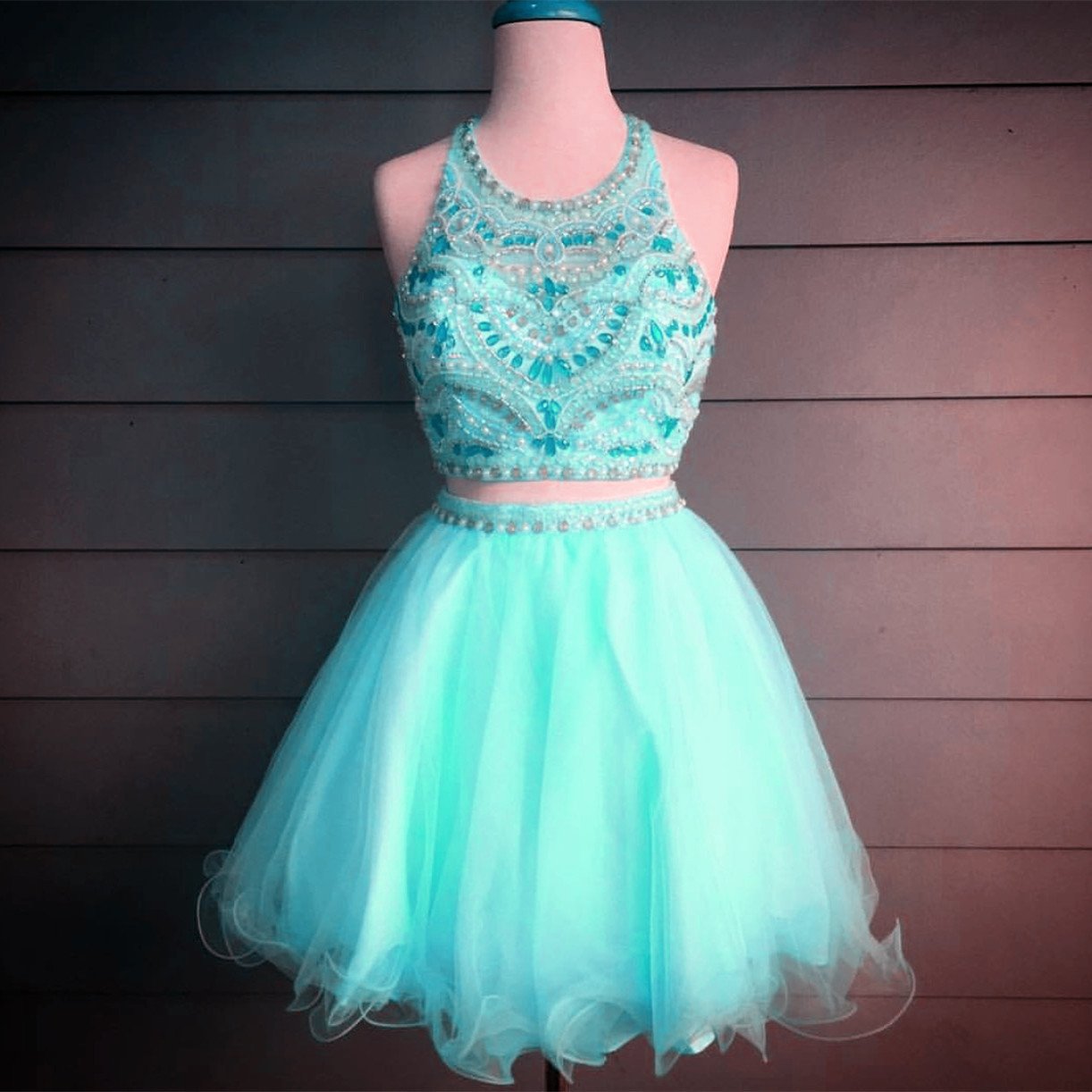 Gorgeous Crystal Beaded Halter Top Organza Ruffles Homecoming Dresses Two Piece
