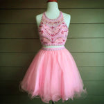 Load image into Gallery viewer, Gorgeous Crystal Beaded Halter Top Organza Ruffles Homecoming Dresses Two Piece
