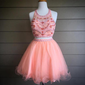 Gorgeous Crystal Beaded Halter Top Organza Ruffles Homecoming Dresses Two Piece