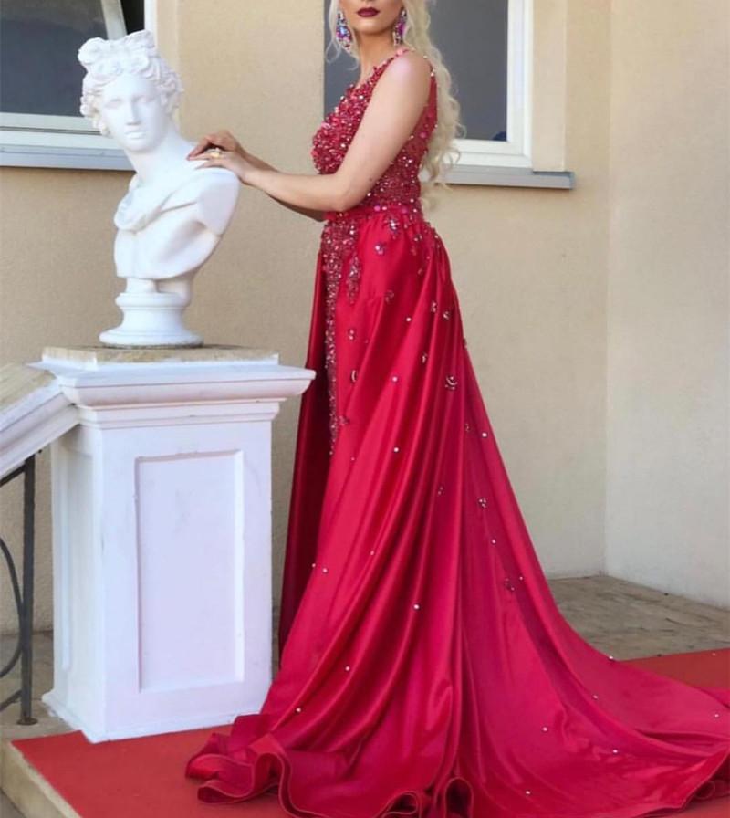 Charming Crystal Beaded Lace V Neck Mermaid Evening Dress Removable Skirt