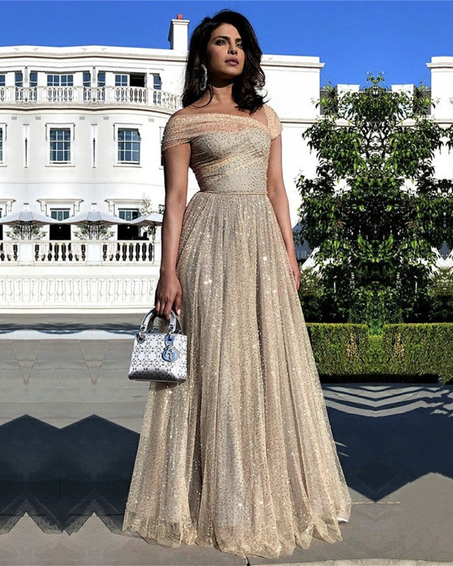 Stylish Sequins Tulle Cap Sleeves Prom Evening Dresses