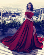 Load image into Gallery viewer, Long Prom Gowns Satin Off Shoulder Evening Dresses Front Slit
