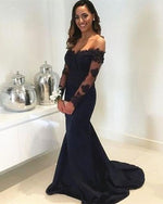 Load image into Gallery viewer, Navy-Blue-Prom-Gowns-Mermaid-Long-Sleeves-Bridesmaid-Dresses
